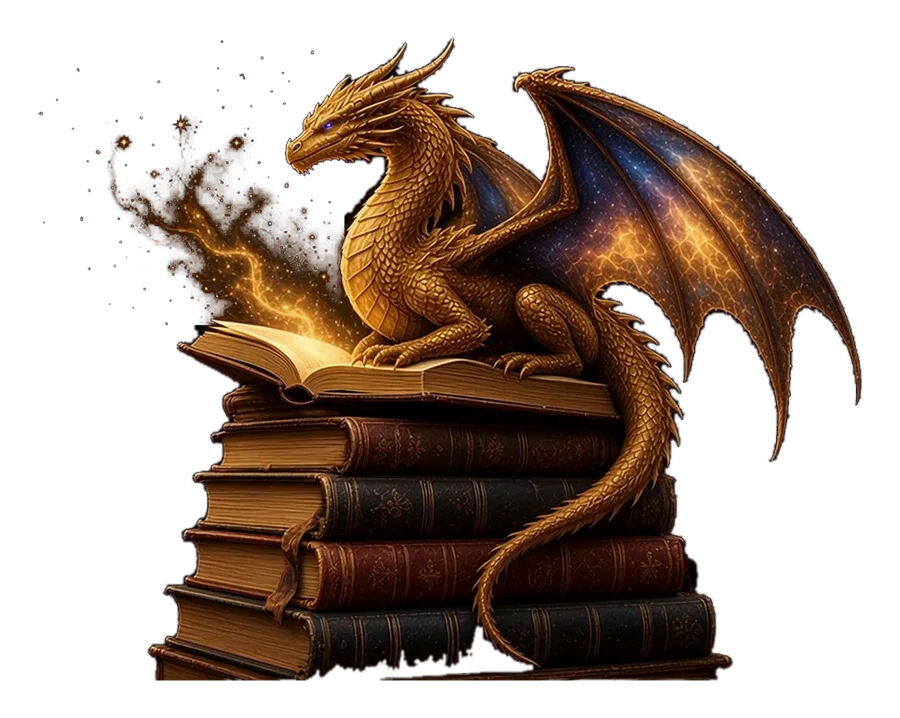 The golden dragon curled up with a stack of books