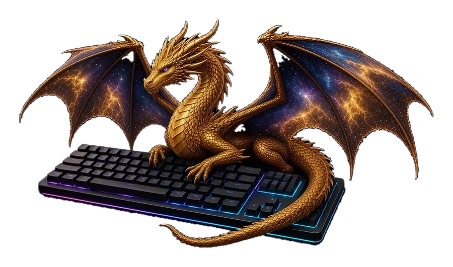 The golden dragon at a glowing keyboard